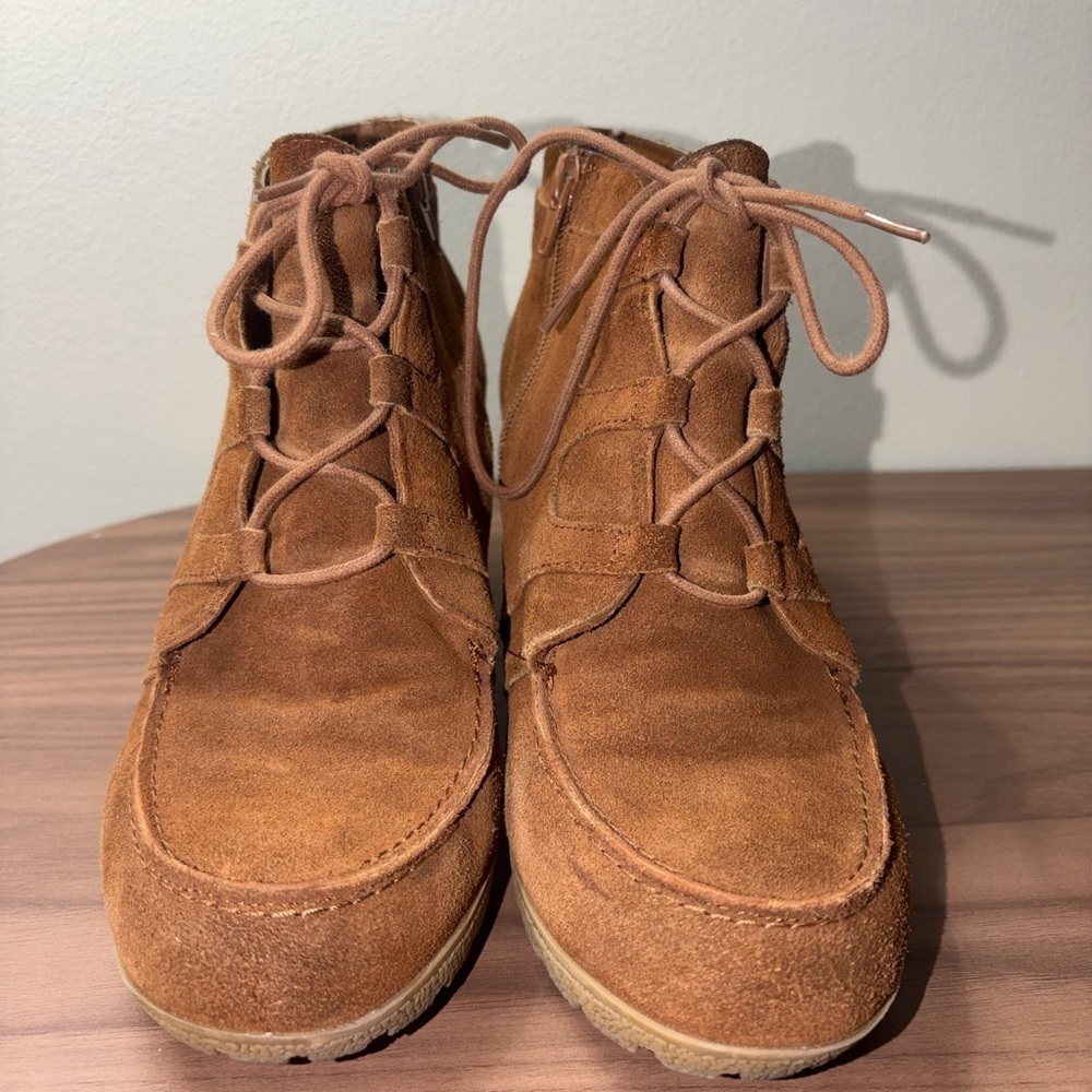 MIA Berdina Leather Wedge Ankle Boots Brown Suede Lace Up Side Zip Womens 9.5 - Picture 8 of 10